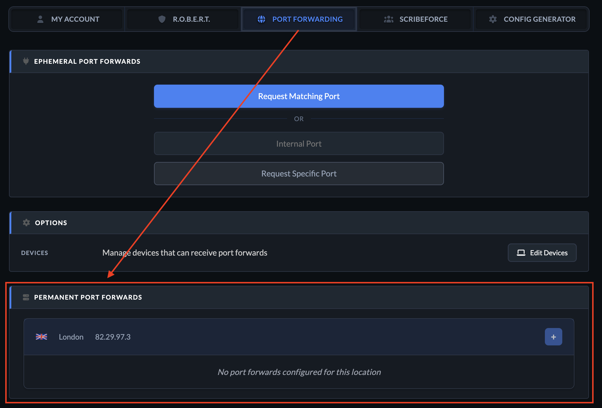 Permanent Port Forwarding Section