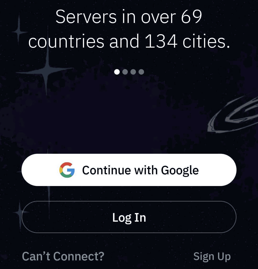 Windscribe for Android welcome screen showing Google sign-in, login, and sign-up options