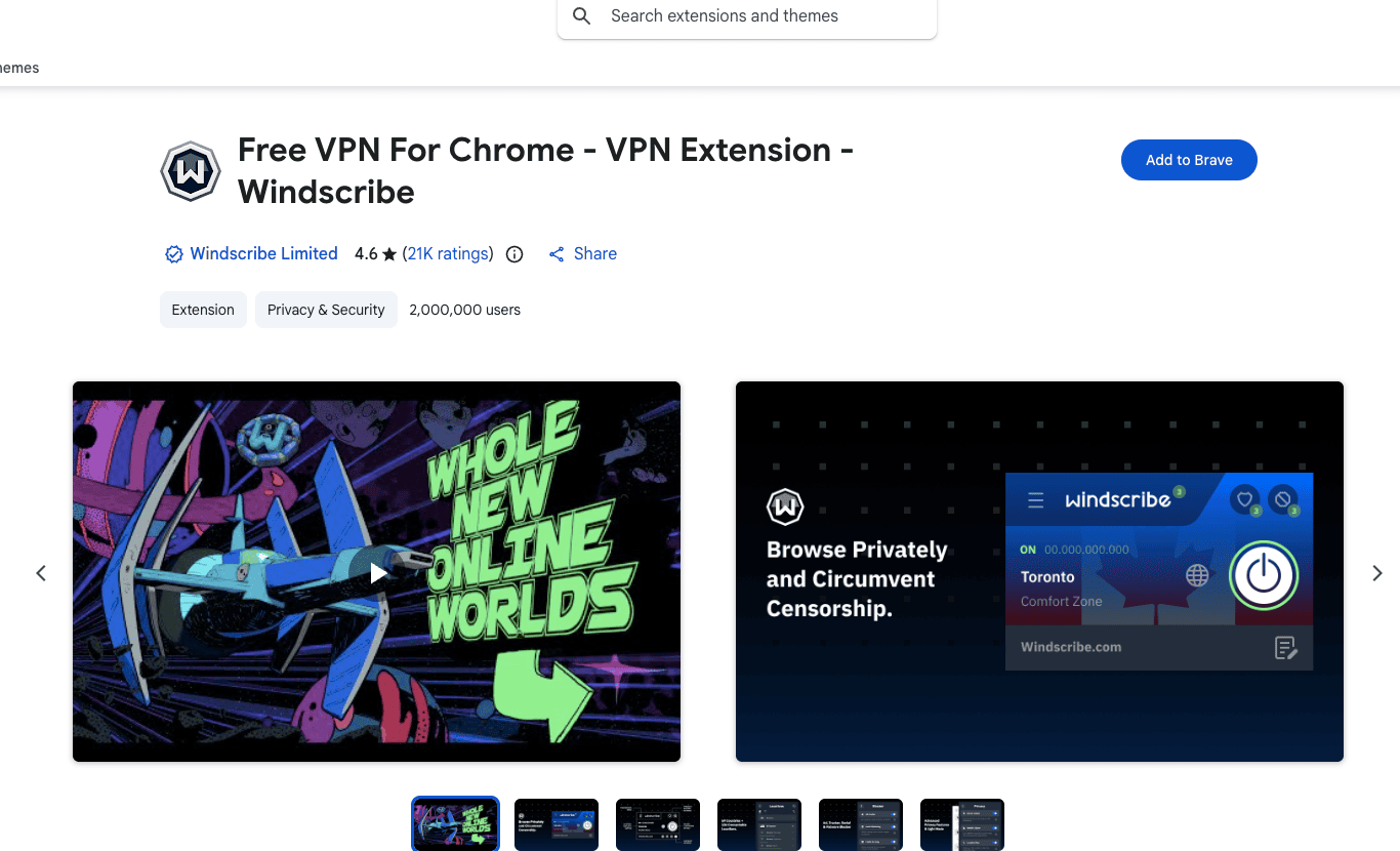Windscribe Chrome Web Store listing viewed in Brave