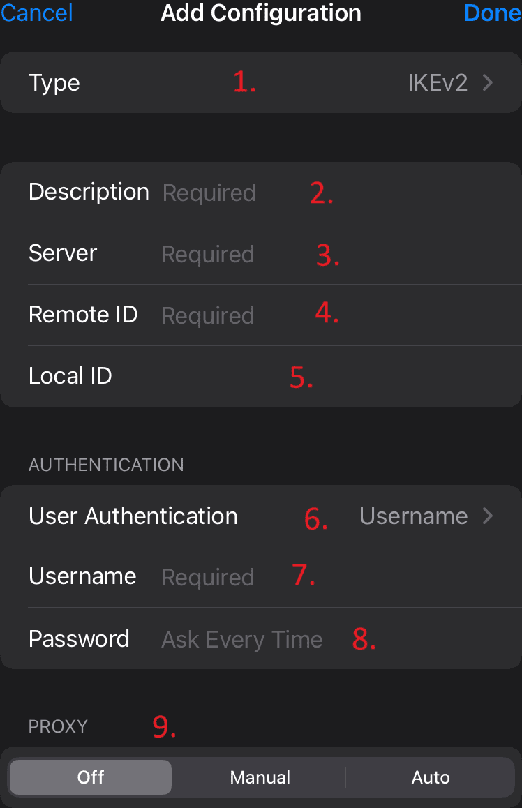 Campos de configuración de la VPN IKEv2 nativa de iOS numerados del uno al nueve