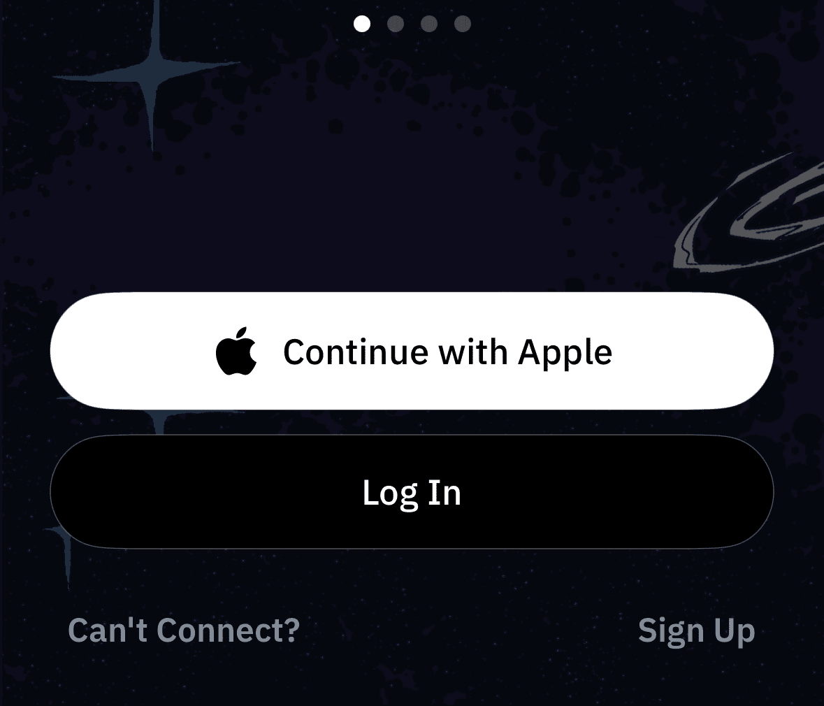 Windscribe welcome screen on iPhone showing Continue with Apple, Log In, and Sign Up options