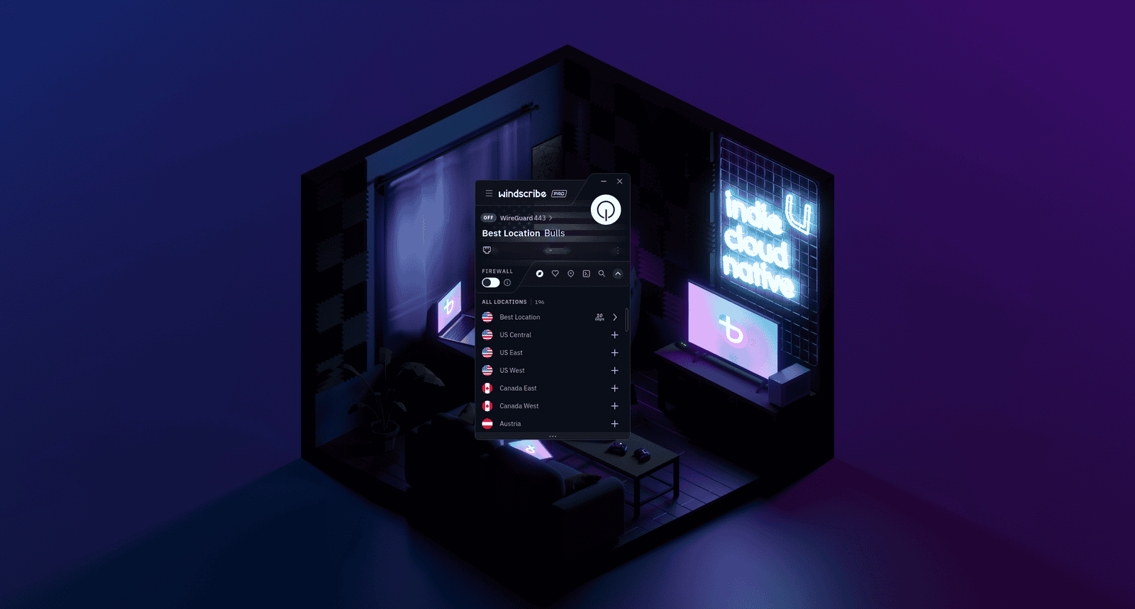 Windscribe desktop app disconnected with the VPN location list expanded