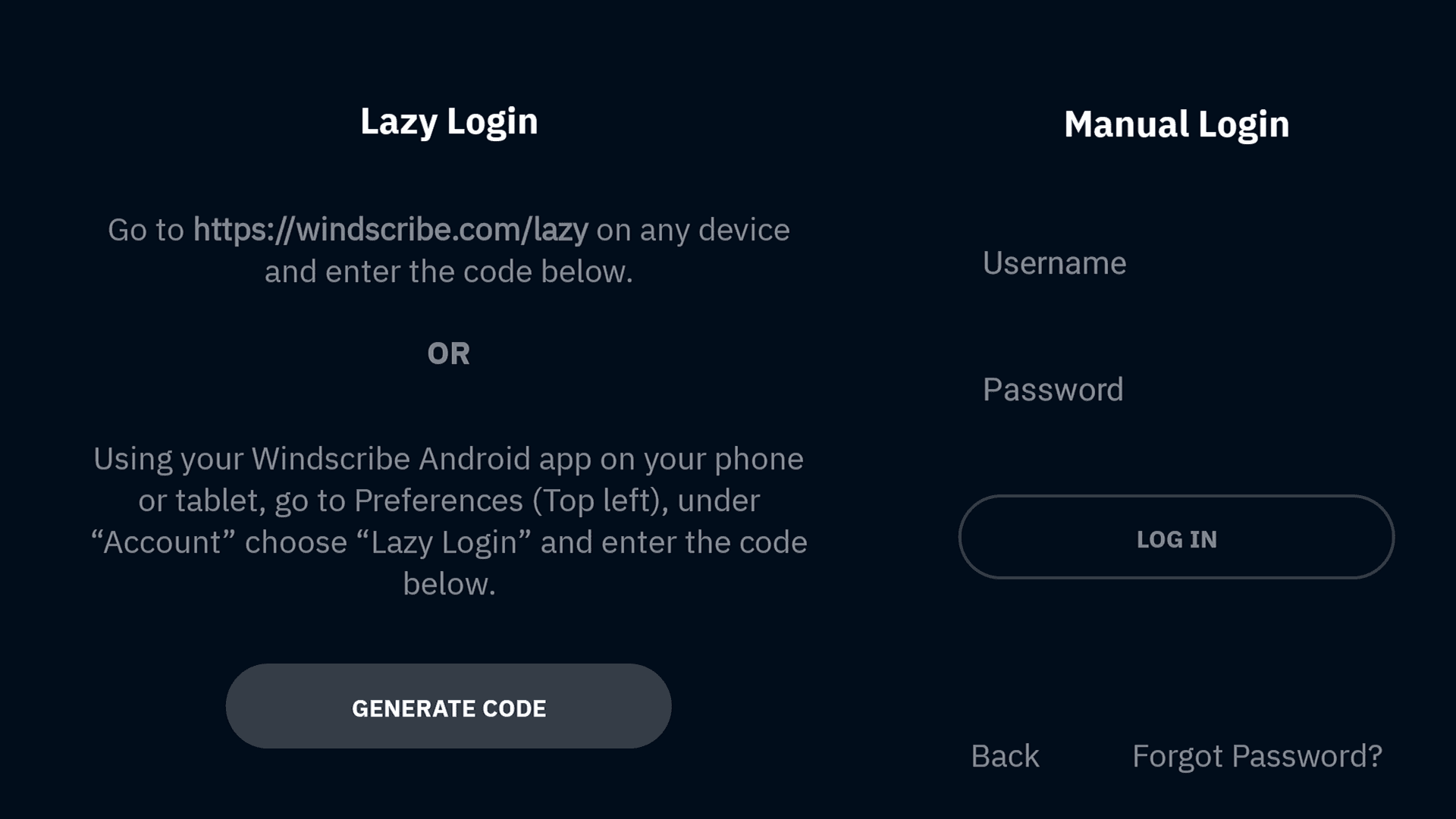 Windscribe Lazy Login and Manual Login options on a TCL TV