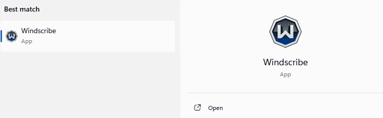 Windscribe selected in Windows Search with the Open action visible